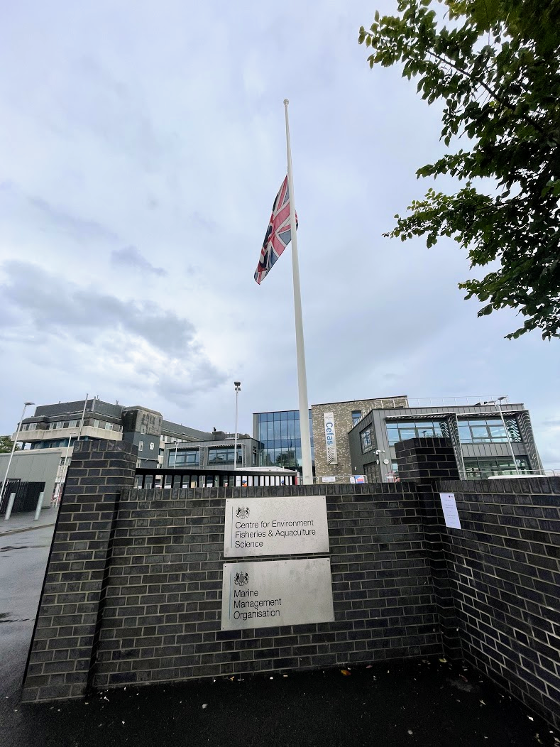 Half mast flag outside Cefas Lowestoft