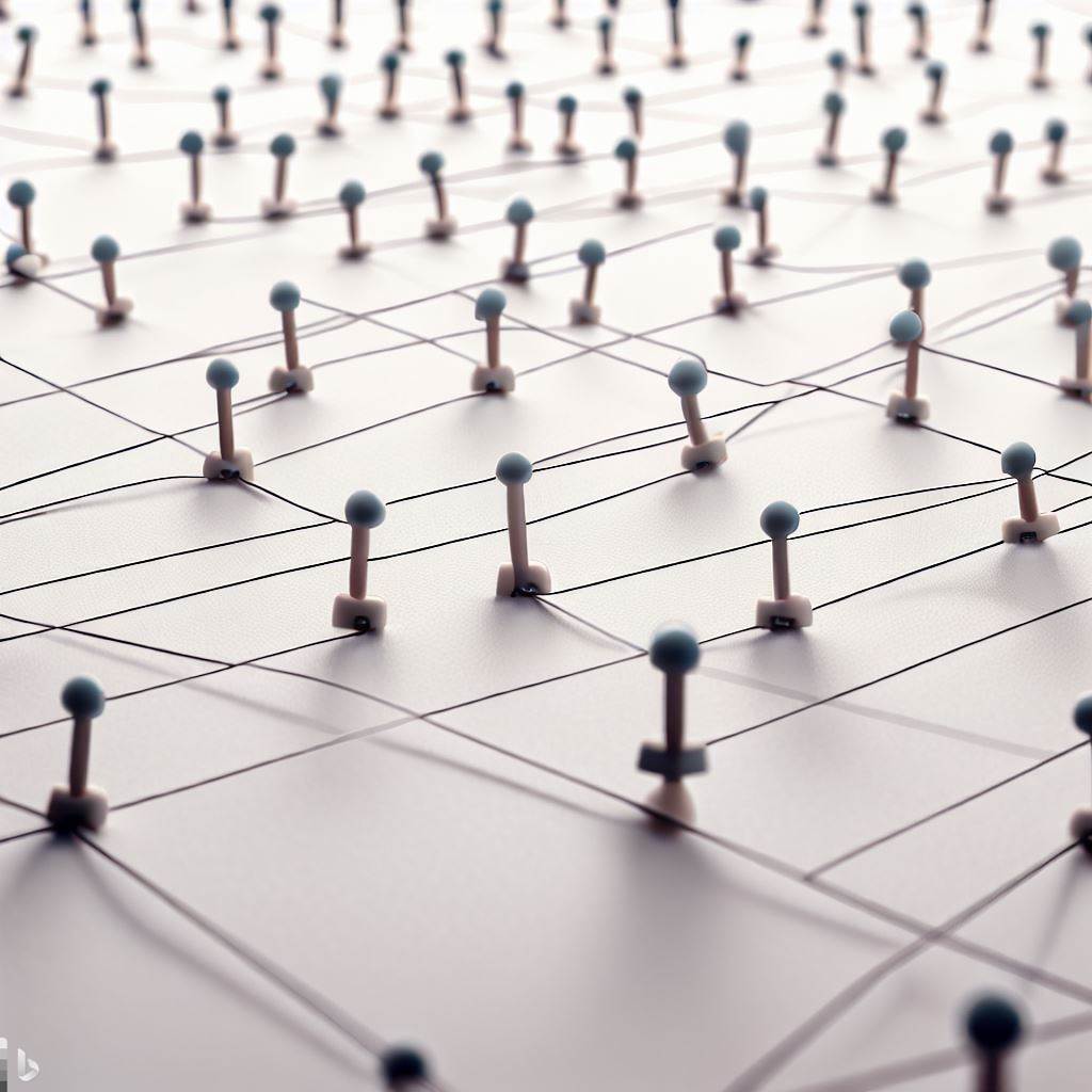 A large grid of randomly spaced pins on a white background connected with string