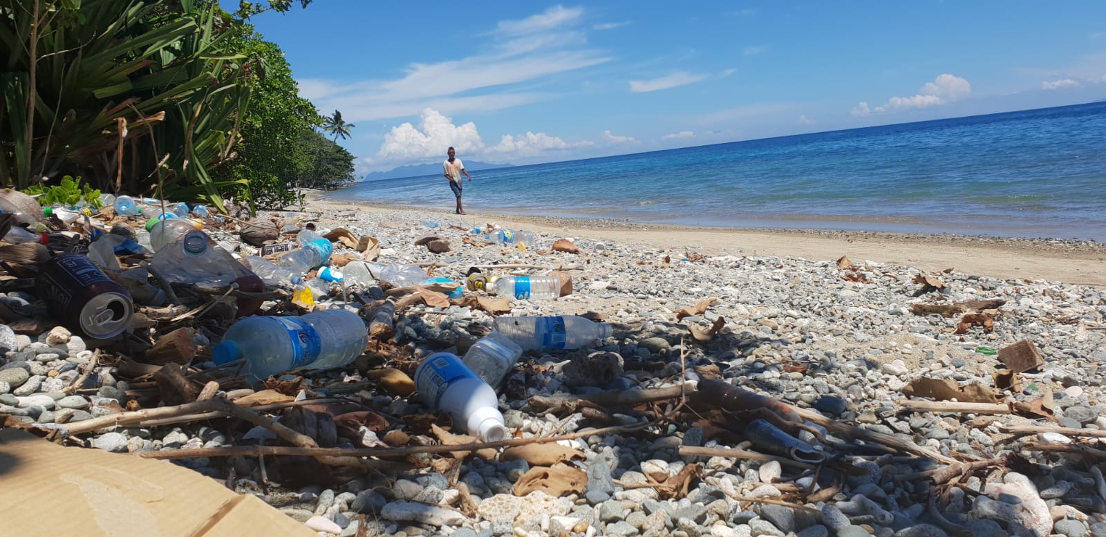 man walking on beach with plastic litter