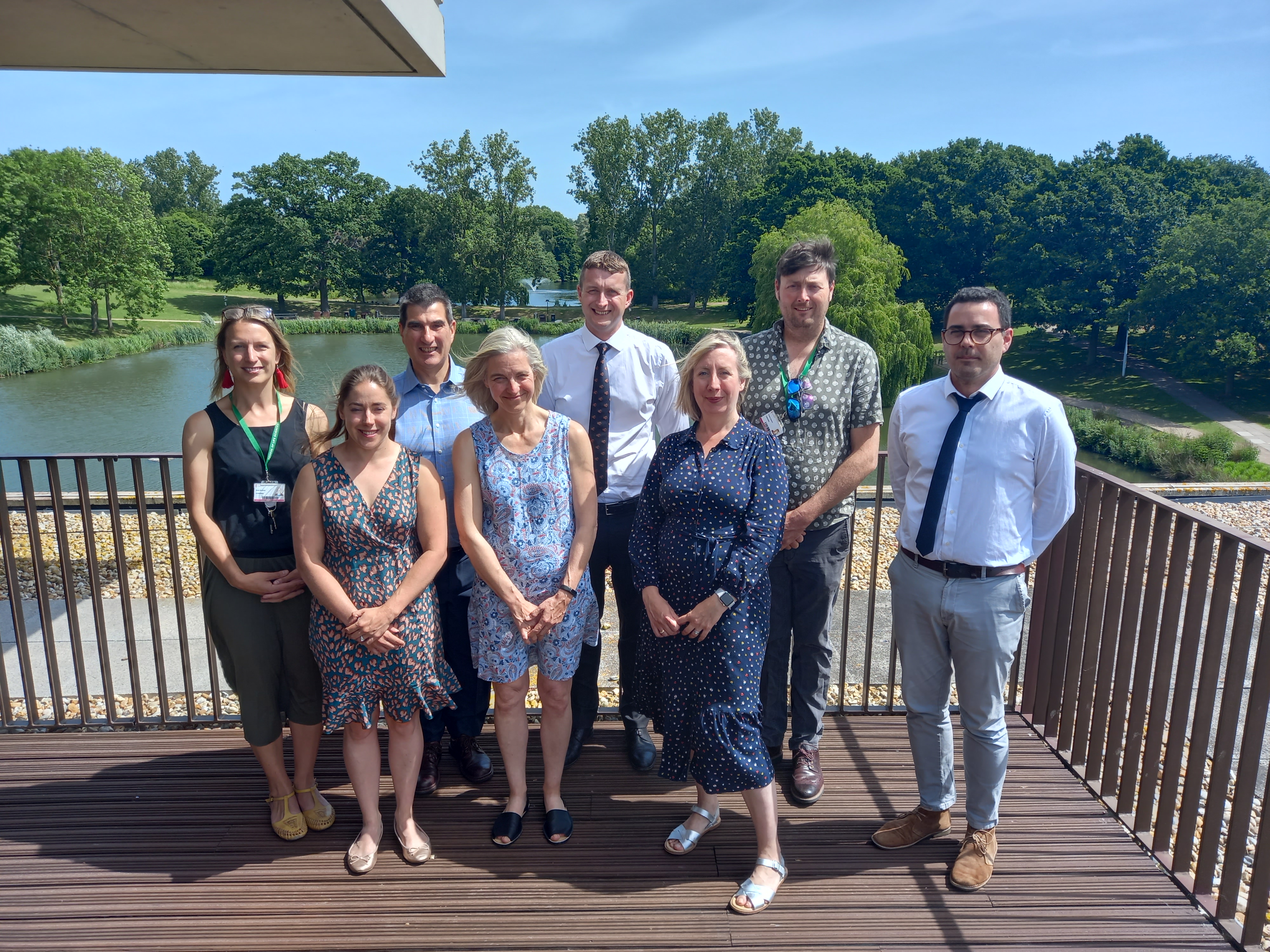 Right to left: Dr Anna Sturrock (University of Essex), Dr Natalie Hicks (University of Essex), Vice-Chancellor of the University of Essex Professor Anthony Forster, Cefas Chief Executive Neil Hornby, Cefas Science Director Michaela Schratzberger, Cefas Science Director, Sally Songer, Dr Tom Cameron (Essex University), and Rui Vieira (Cefas)