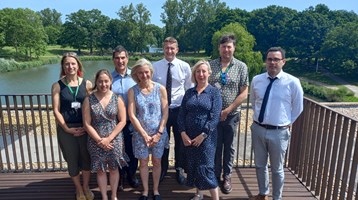 Right to left: Dr Anna Sturrock (University of Essex), Dr Natalie Hicks (University of Essex), Vice-Chancellor of the University of Essex Professor Anthony Forster, Cefas Chief Executive Neil Hornby, Cefas Science Director Michaela Schratzberger, Cefas Science Director, Sally Songer, Dr Tom Cameron (Essex University), and Rui Vieira (Cefas)