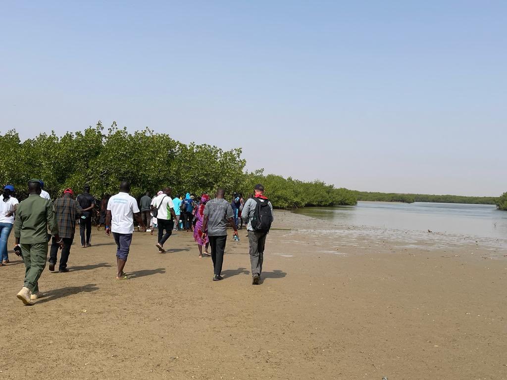 a group of people walking on a riverbank of sand alongside a river on a field trip