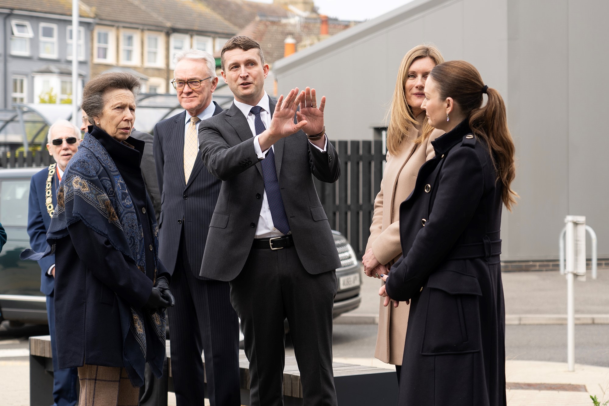 The Princess Royal arriving and is met by Neil Hornby (Cefas CEO), Dr Sian Limpenny ( Director of Strategy and Delivery) and Kelly Baker (Refurbishment project manager) and is shown the newly developed Cefas HQ.