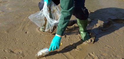 man collecting mud sample