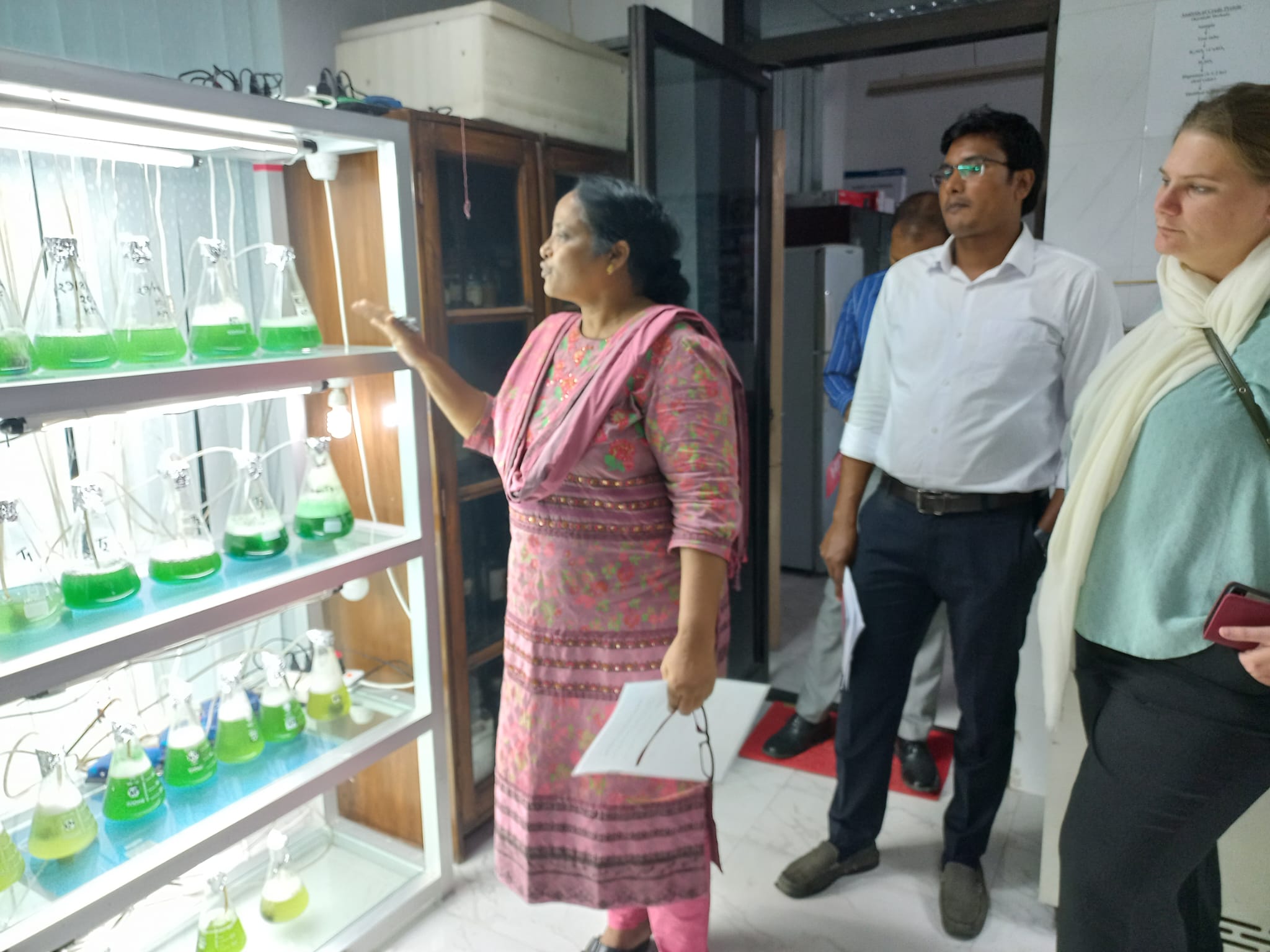 a group of delegates in an algae lab looking at jars of green liquid on a shelf