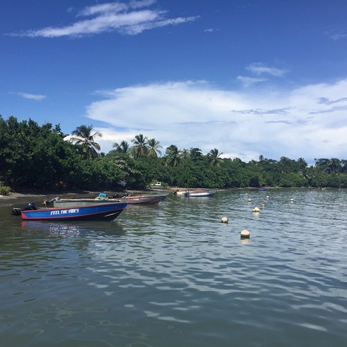 Image of tropical coastline with small fishing boats