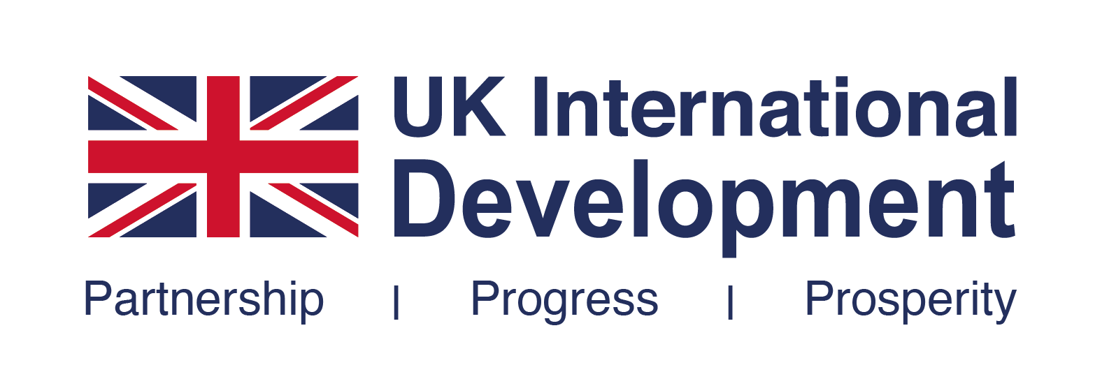 UK International Development Logo, Partnership, Progress, Prosperity, listed underneath the Union Jack