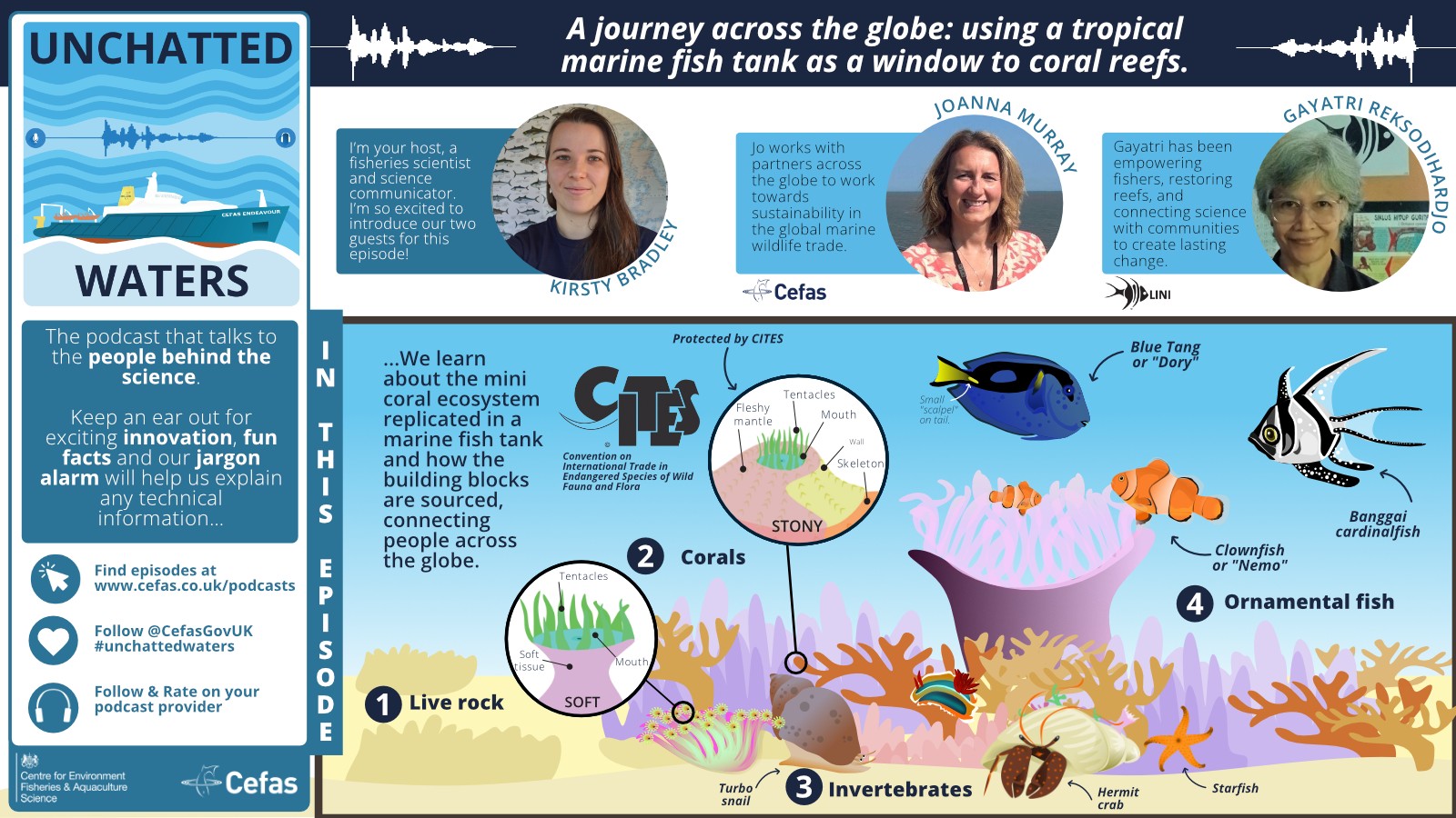 infographic with picture of the guests on the episode and to say "A journey across the globe, using a tropical marine fish tank as a window to coral reefs"