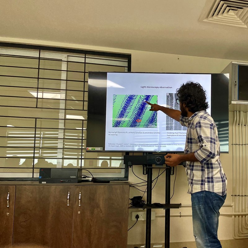 A man in a classroom setting, is standing and pointing at a screen which has a powerpoint presentation on it. The title reads 'Light microscopy observation;